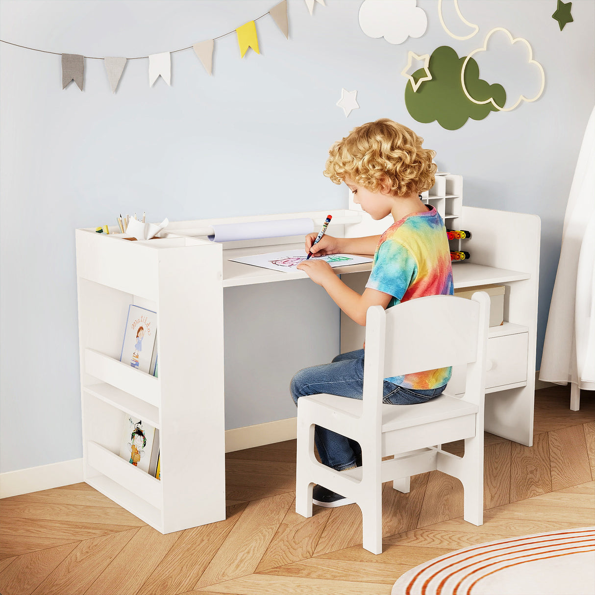 Kids Art Table & Chair Set, Toddler Painting Desk w/Detachable Paper Roll Holder & Cubby Cabinet