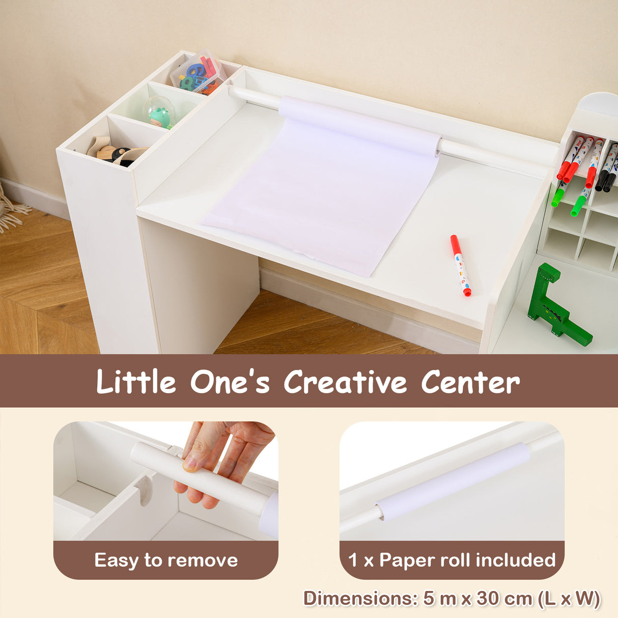Kids Art Table & Chair Set, Toddler Painting Desk w/Detachable Paper Roll Holder & Cubby Cabinet