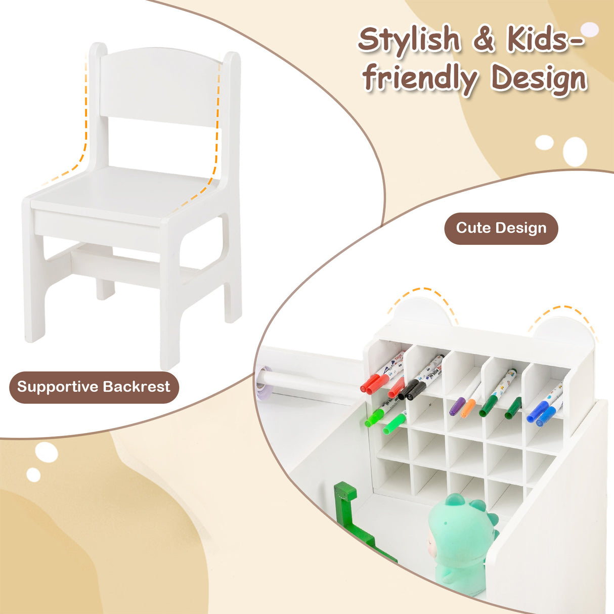 Kids Art Table & Chair Set, Toddler Painting Desk w/Detachable Paper Roll Holder & Cubby Cabinet