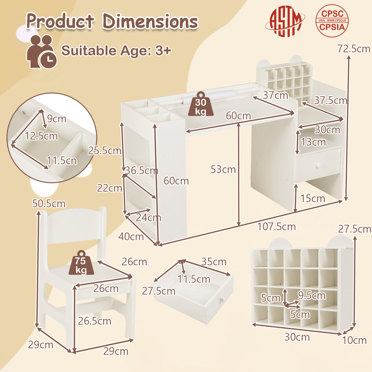 Kids Art Table & Chair Set, Toddler Painting Desk w/Detachable Paper Roll Holder & Cubby Cabinet