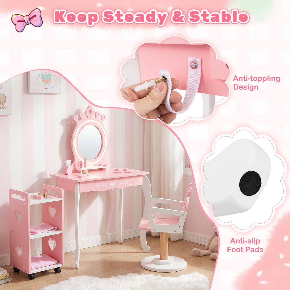 Kids Hair Salon Play Set with LED Lighted Mirror, Wooden Pretend Hair Salon Station