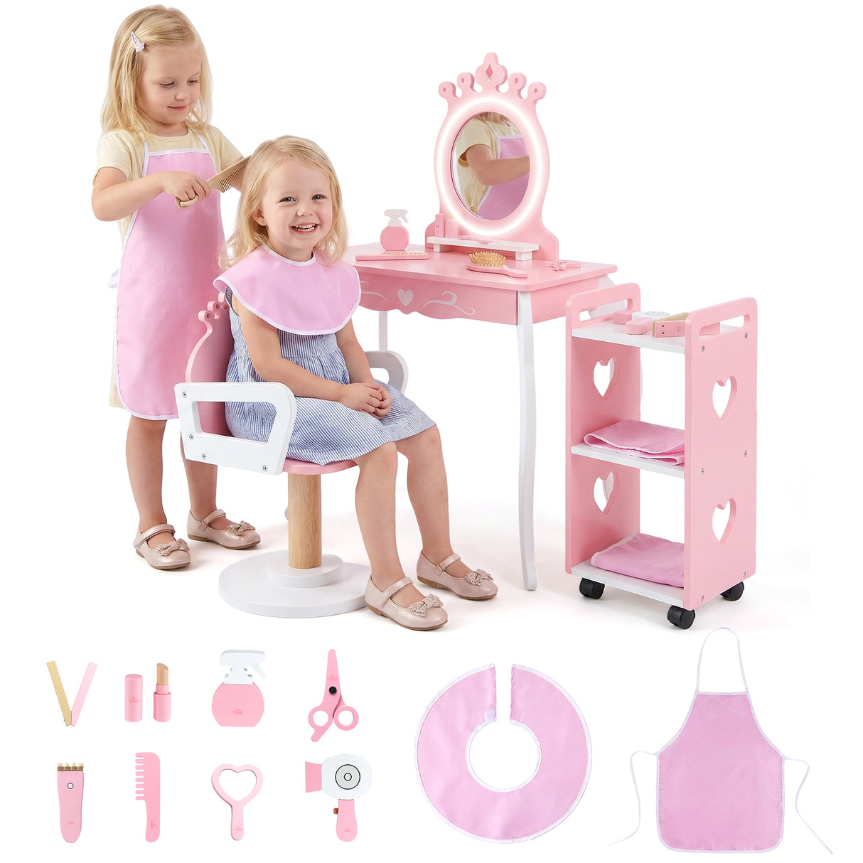 Kids Hair Salon Play Set with LED Lighted Mirror, Wooden Pretend Hair Salon Station