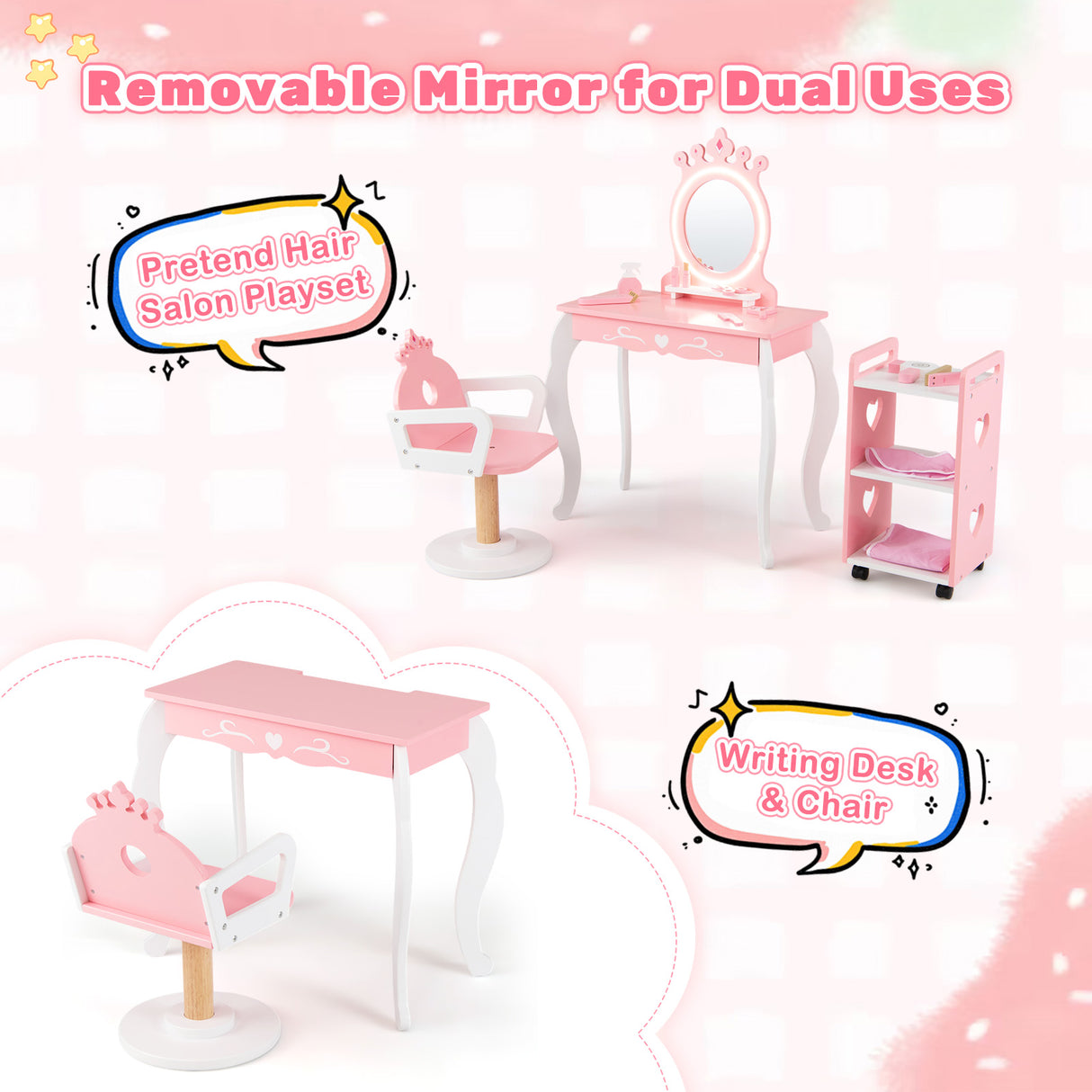 Kids Hair Salon Play Set with LED Lighted Mirror, Wooden Pretend Hair Salon Station