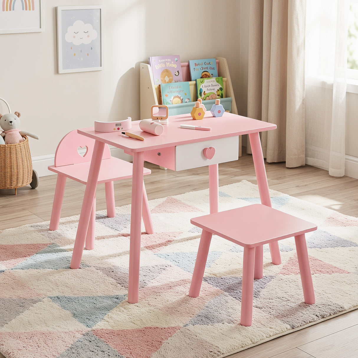 Kids Pretend Nail Salon Playset with Chair & Stool, Wooden Toddlers Makeup & Manicure Kit