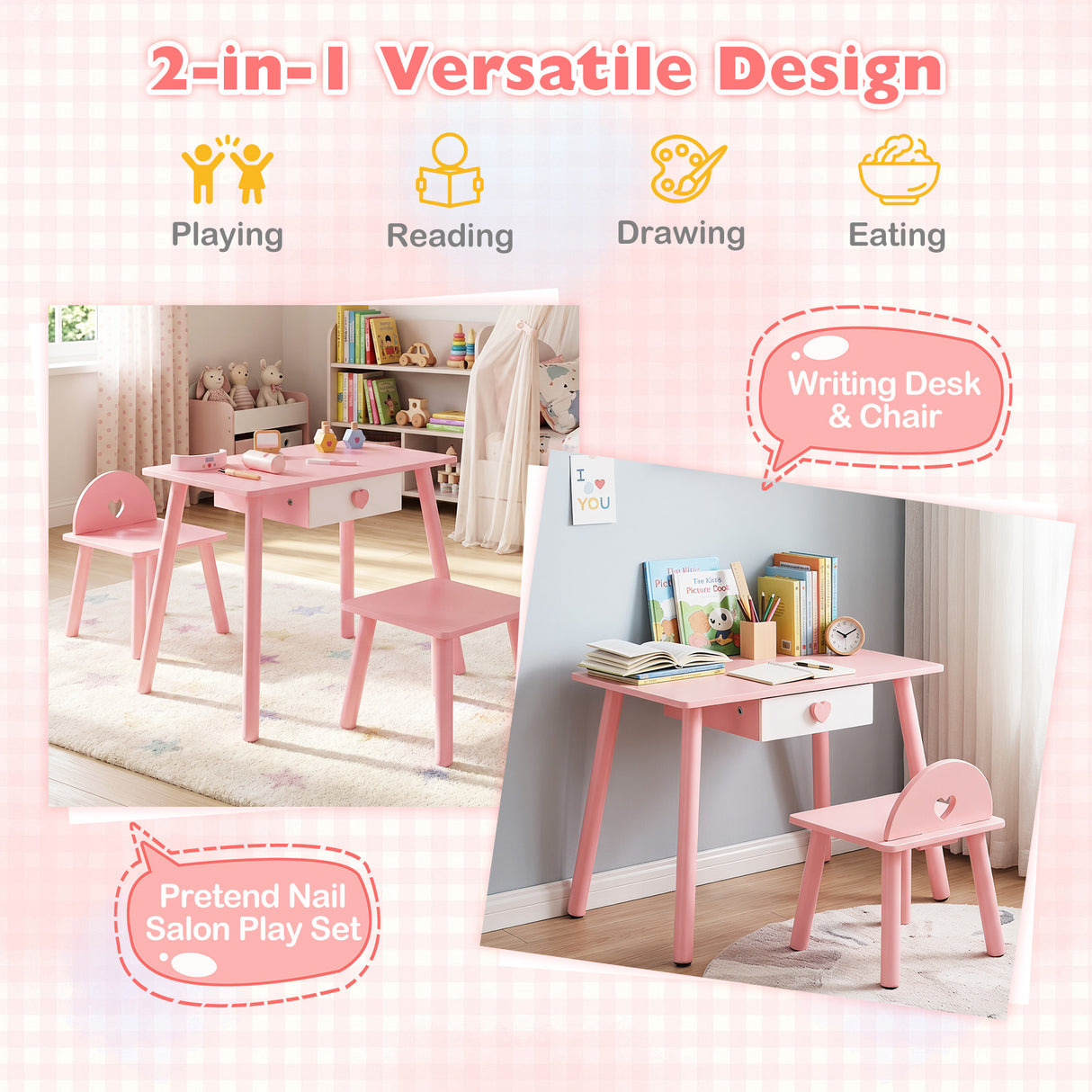Kids Pretend Nail Salon Playset with Chair & Stool, Wooden Toddlers Makeup & Manicure Kit