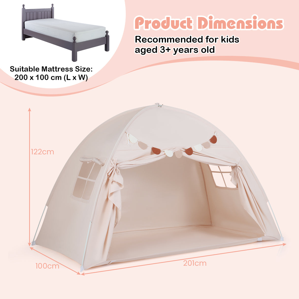 HONEY JOY Twin Full Size Bed Tent for Kids, Foldable & Portable Canopy Tent on Twin Bunk Bed