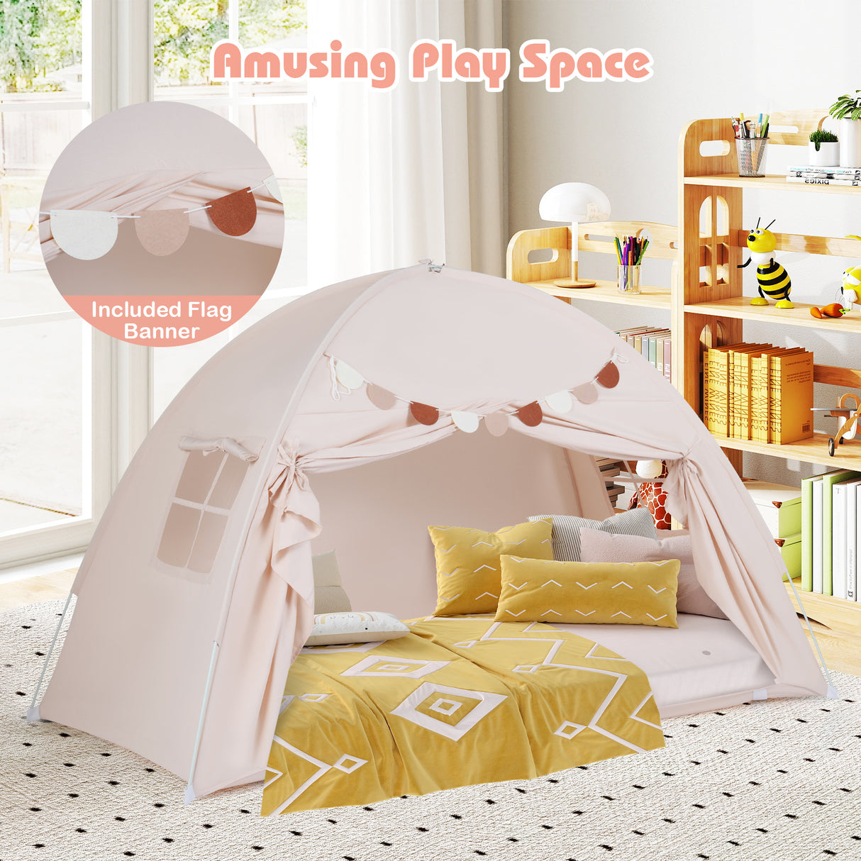 HONEY JOY Twin Full Size Bed Tent for Kids, Foldable & Portable Canopy Tent on Twin Bunk Bed