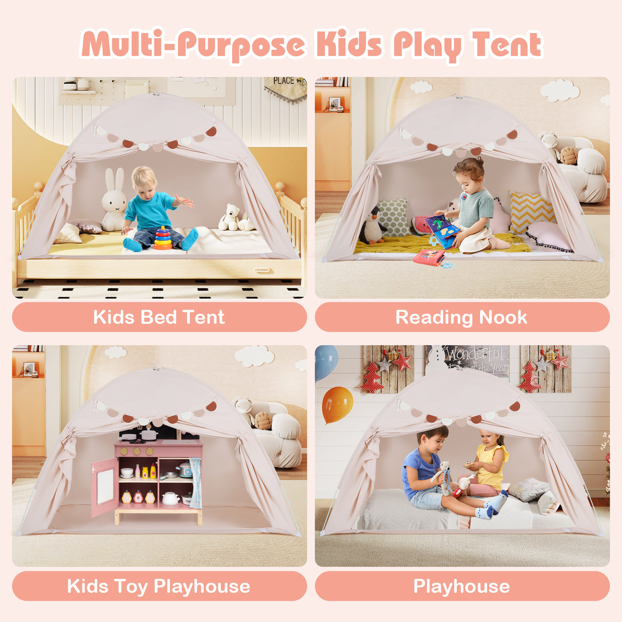 HONEY JOY Twin Full Size Bed Tent for Kids, Foldable & Portable Canopy Tent on Twin Bunk Bed