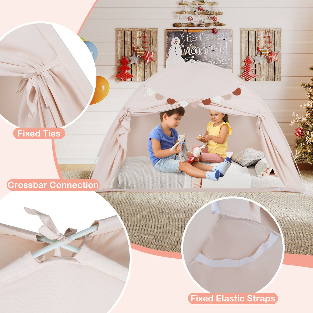 HONEY JOY Twin Full Size Bed Tent for Kids, Foldable & Portable Canopy Tent on Twin Bunk Bed