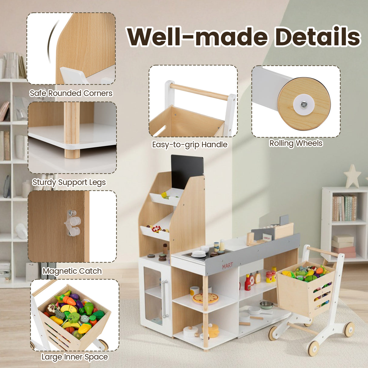 HONEY JOY Pretend Grocery Store Playset, Supermarket Play Toy with Shopping Cart