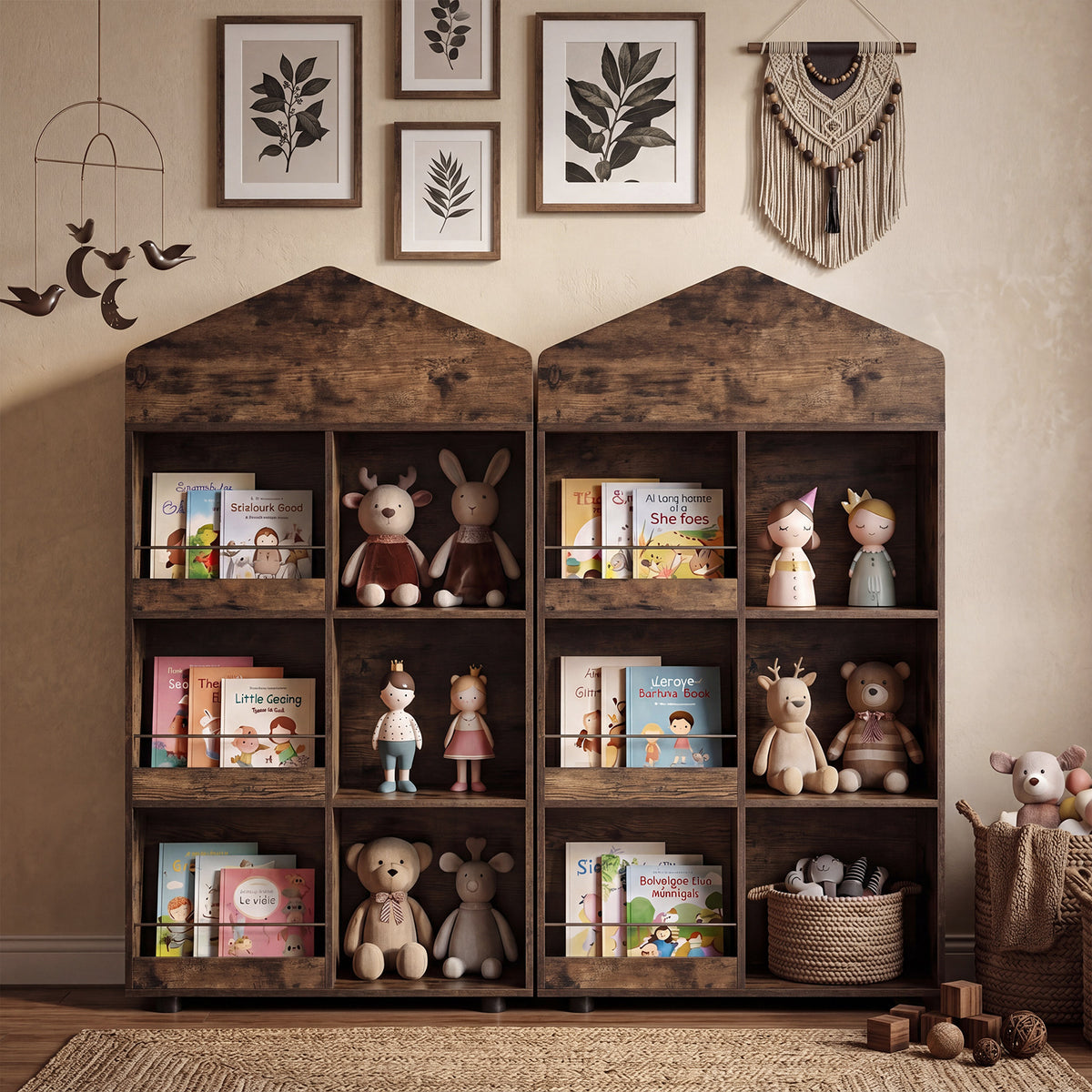 Wooden Kids Bookshelf and Toy Storage, Toddler Dollhouse Bookcase with Multiple Compartments
