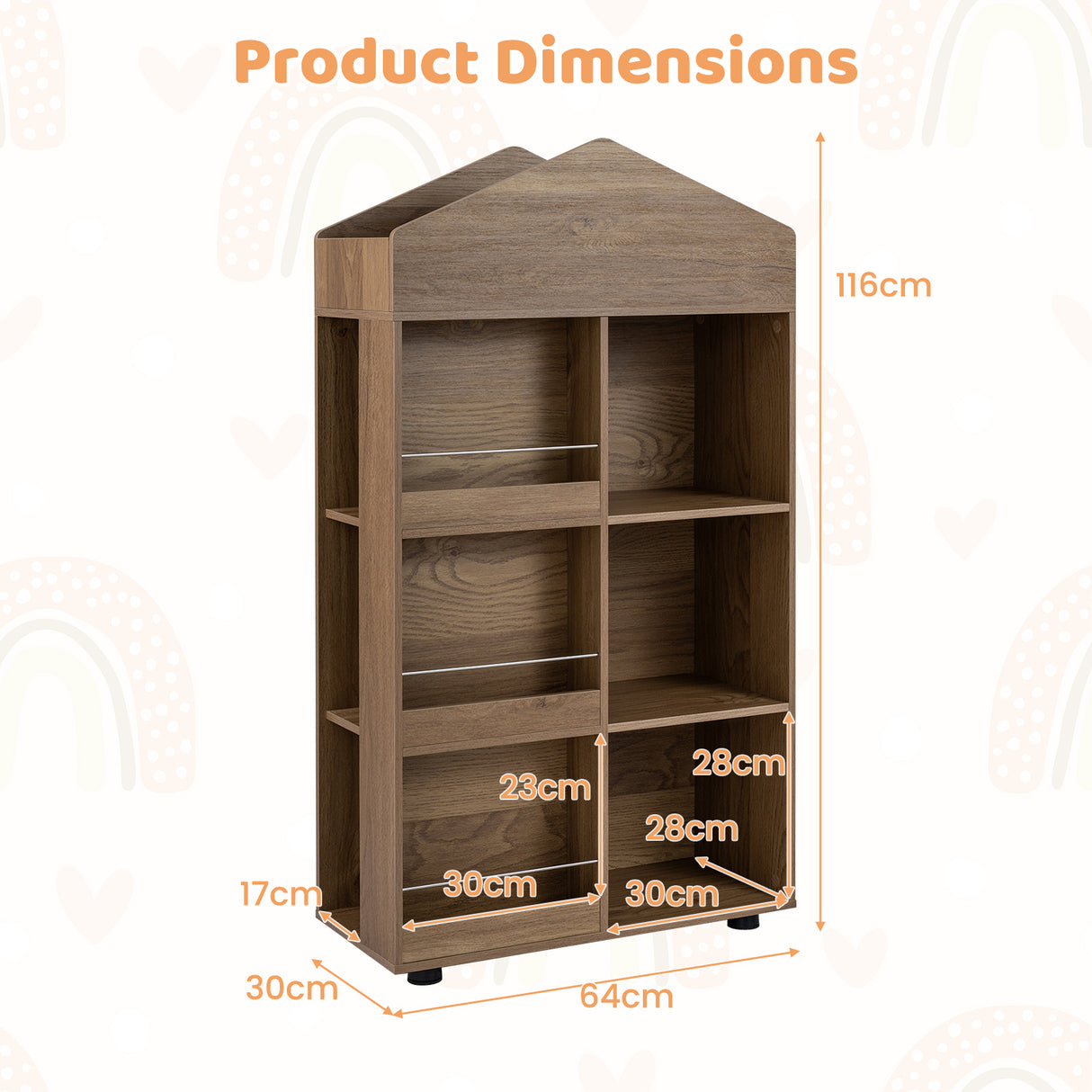 Wooden Kids Bookshelf and Toy Storage, Toddler Dollhouse Bookcase with Multiple Compartments