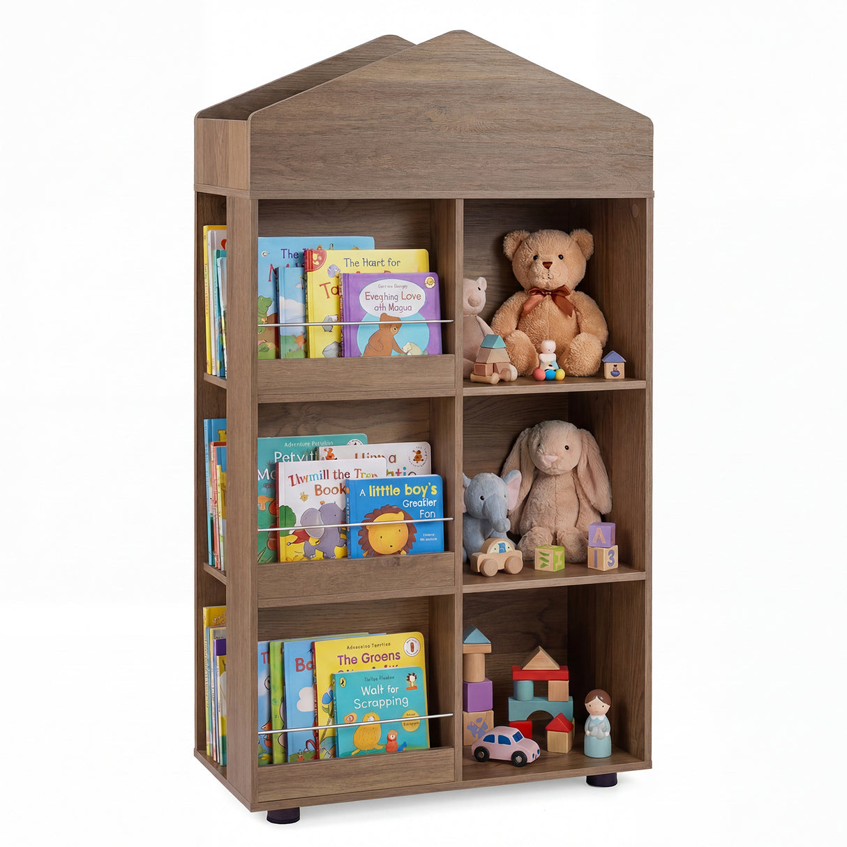 Wooden Kids Bookshelf and Toy Storage, Toddler Dollhouse Bookcase with Multiple Compartments