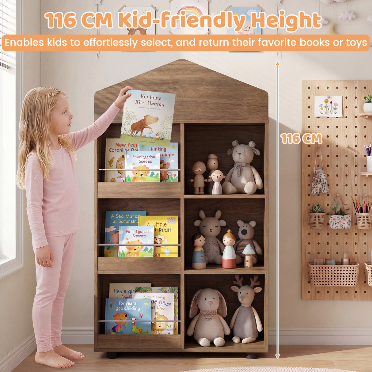 Wooden Kids Bookshelf and Toy Storage, Toddler Dollhouse Bookcase with Multiple Compartments