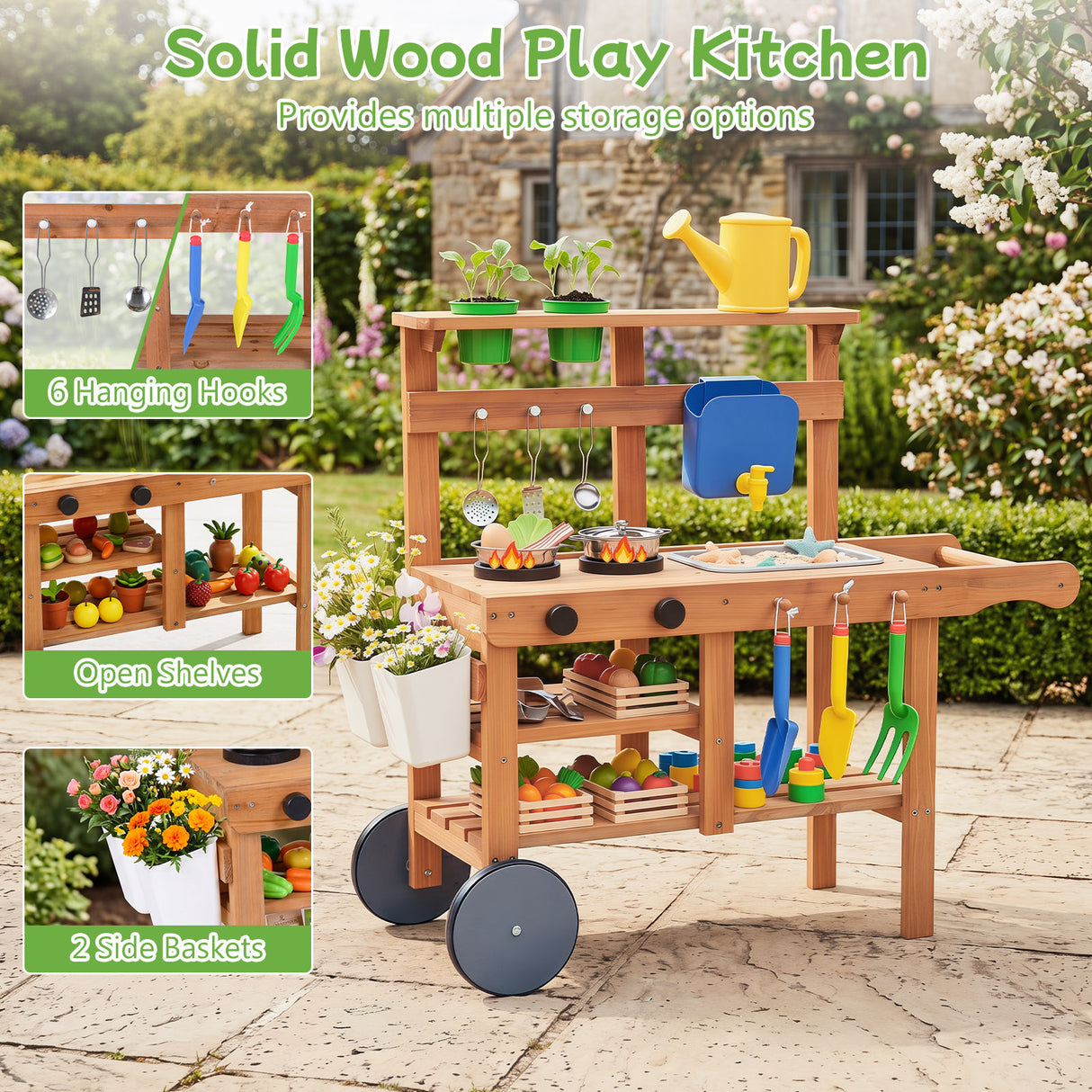 Rolling Outdoor Play Kitchen with Wheels for Boys Girls Ages 3 Plus
