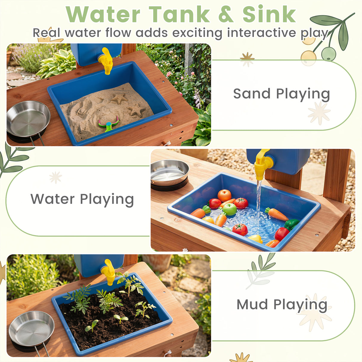 Kids Mud Kitchen Solid Wood with Planter Box Sink Stoves and Chalkboard