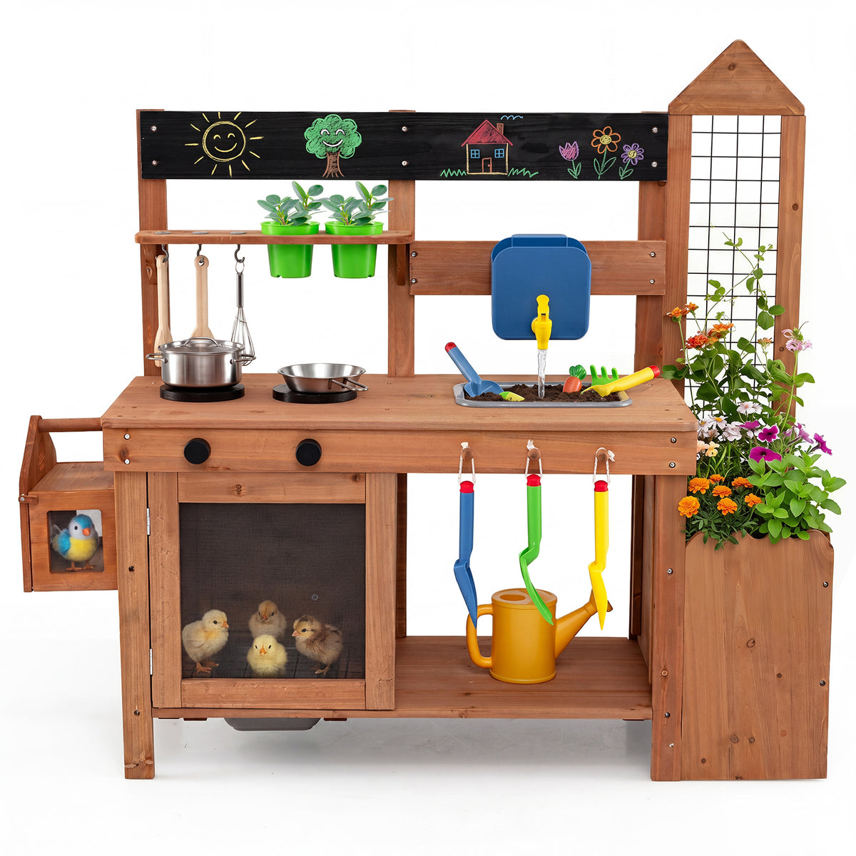 Kids Mud Kitchen, Solid Wood Toddler Kitchen Playset with Detachable Bird Cage