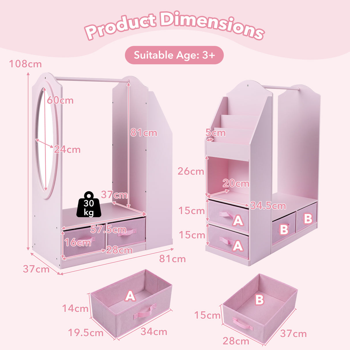 HONEY JOY Kids Clothing Rack with Mirror, Dress Up Storage Cabinet