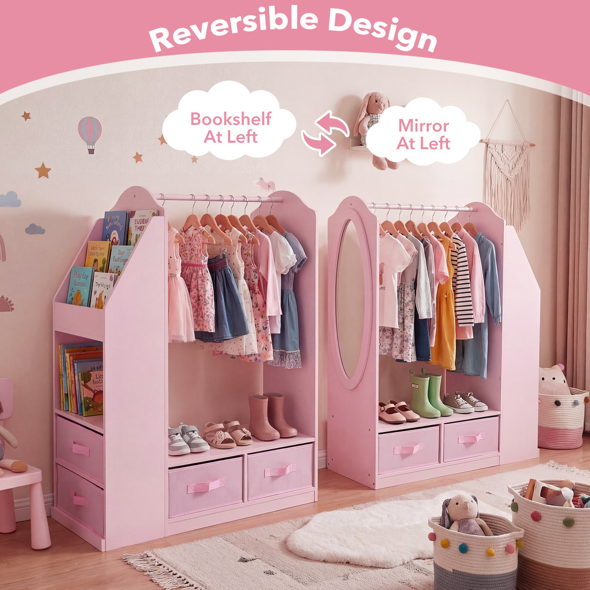 HONEY JOY Kids Clothing Rack with Mirror, Dress Up Storage Cabinet