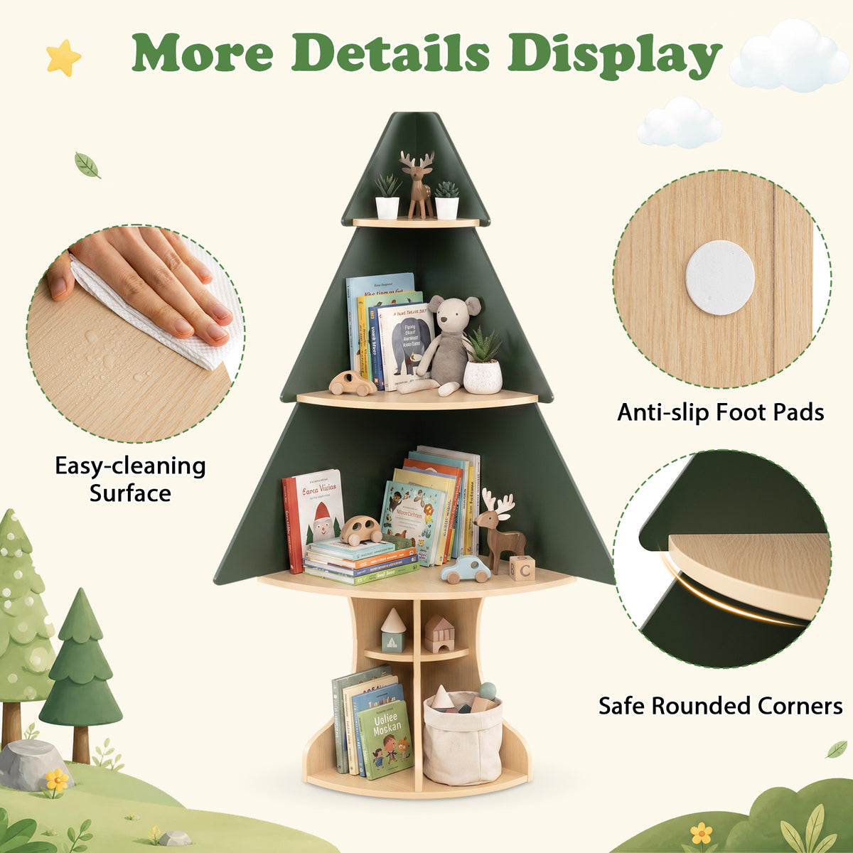 Corner Tree Bookshelf for Kids, Wooden Montessori Toddler Bookcase