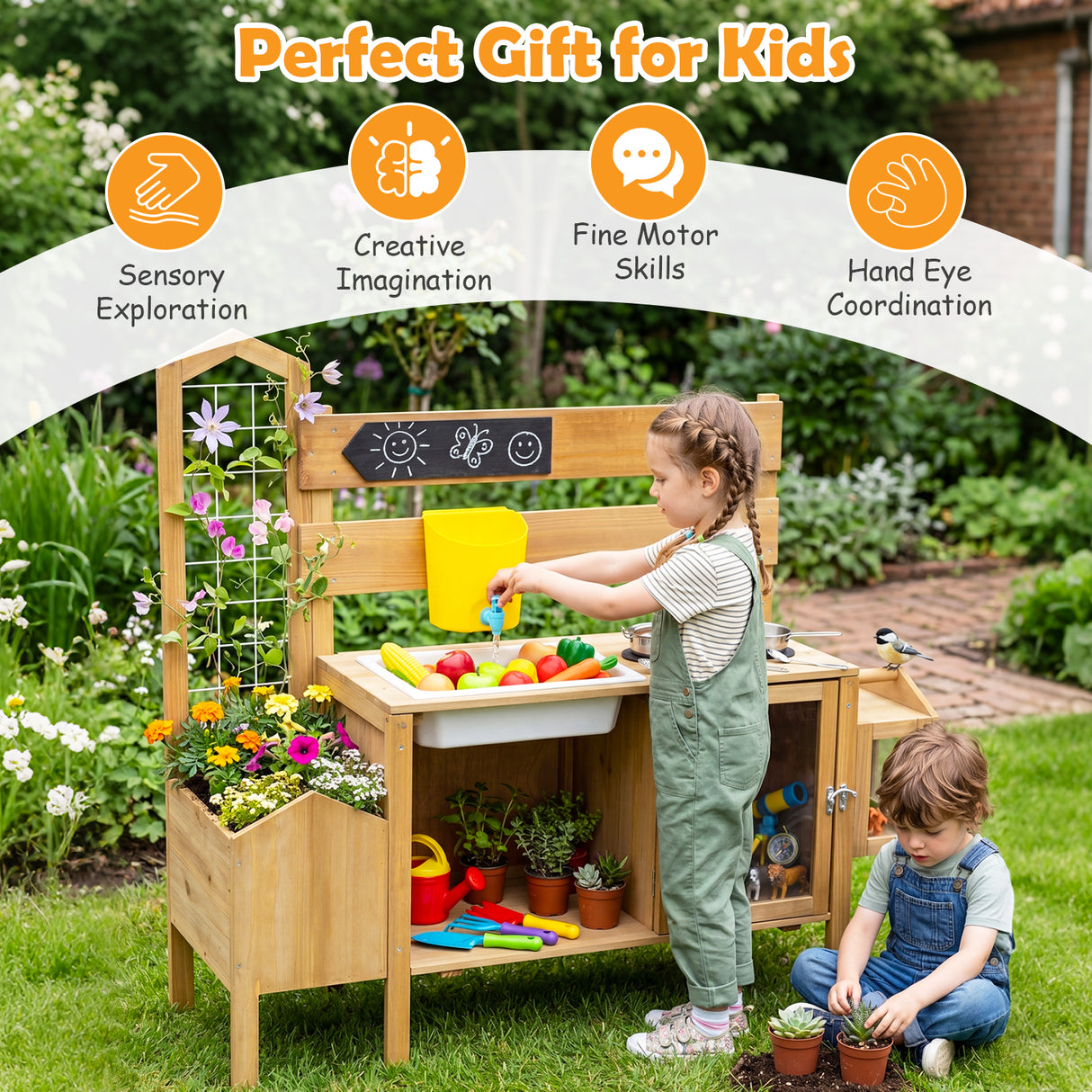 Honey Joy Mud Kitchen for Kids, Pretend Play Kitchen with Detachable Bird Cage, Trellis, Planter Box, Sink, Stoves