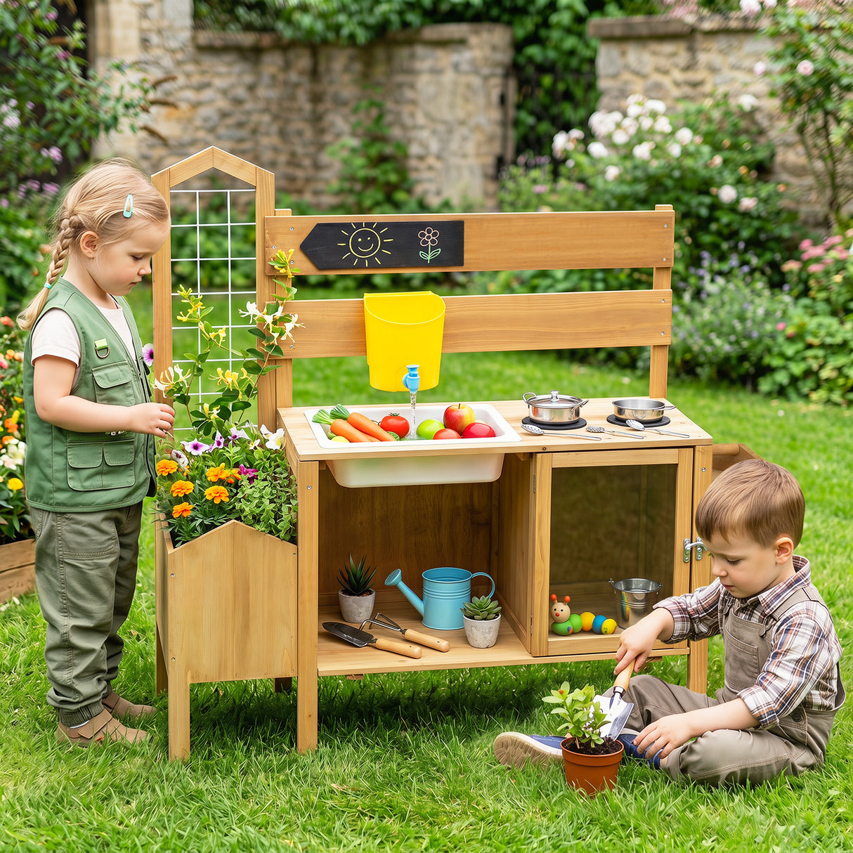 Honey Joy Mud Kitchen for Kids, Pretend Play Kitchen with Detachable Bird Cage, Trellis, Planter Box, Sink, Stoves