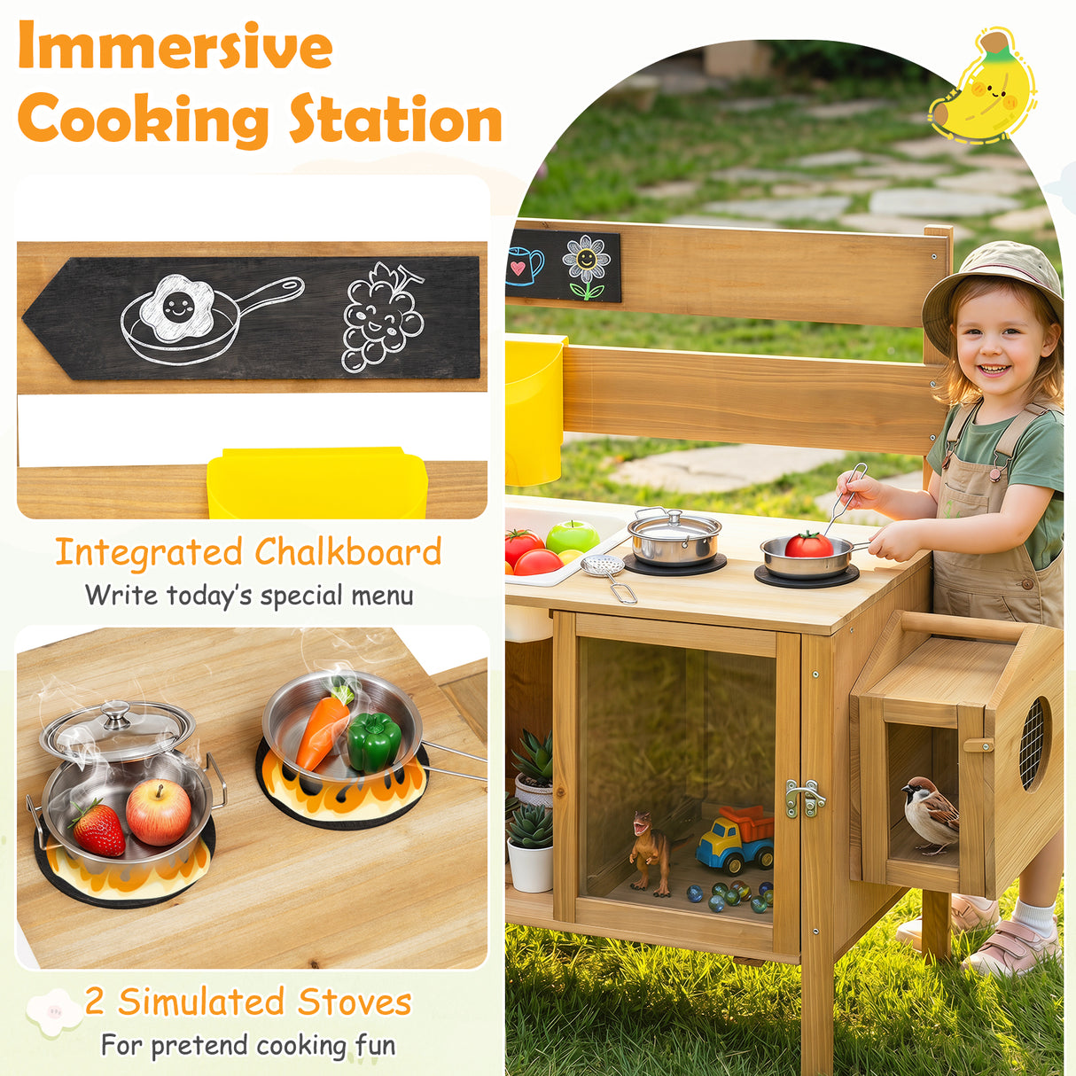 Honey Joy Mud Kitchen for Kids, Pretend Play Kitchen with Detachable Bird Cage, Trellis, Planter Box, Sink, Stoves