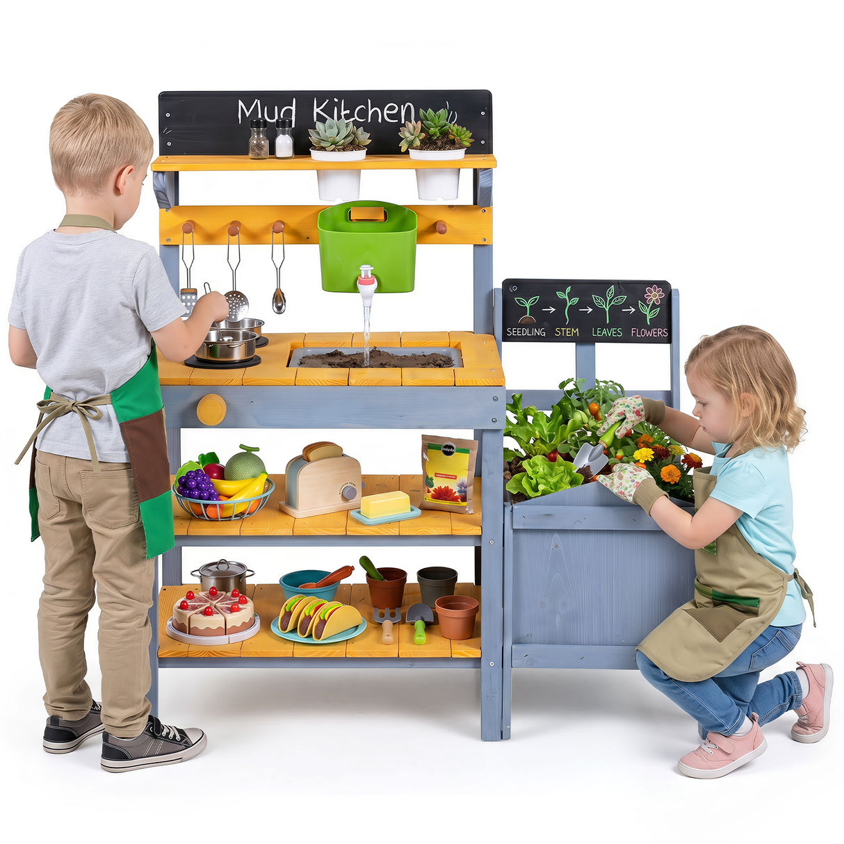 Mud Kitchen Set for Kids, Outdoor Wooden Play Kitchen Potting Bench
