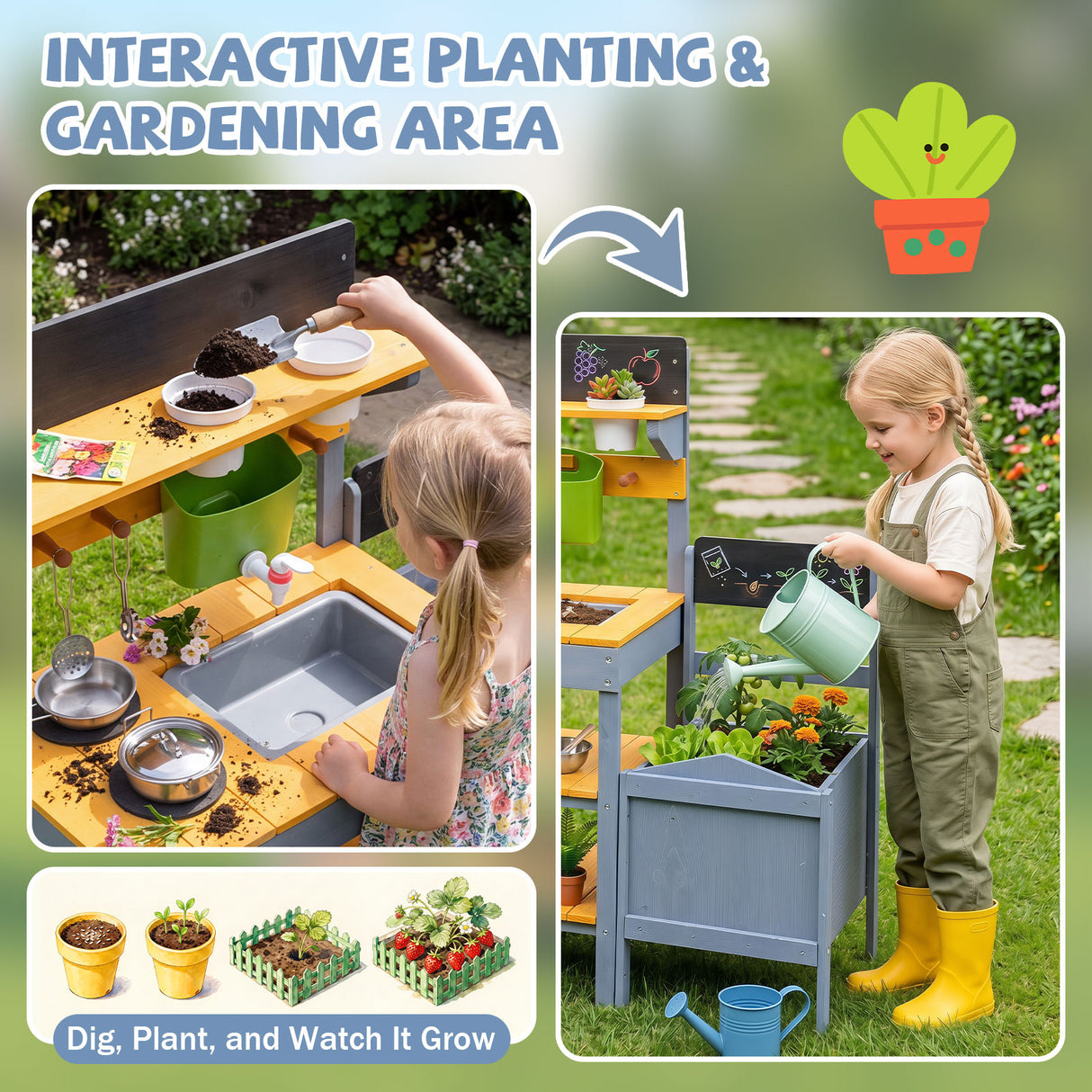 Mud Kitchen Set for Kids, Outdoor Wooden Play Kitchen Potting Bench
