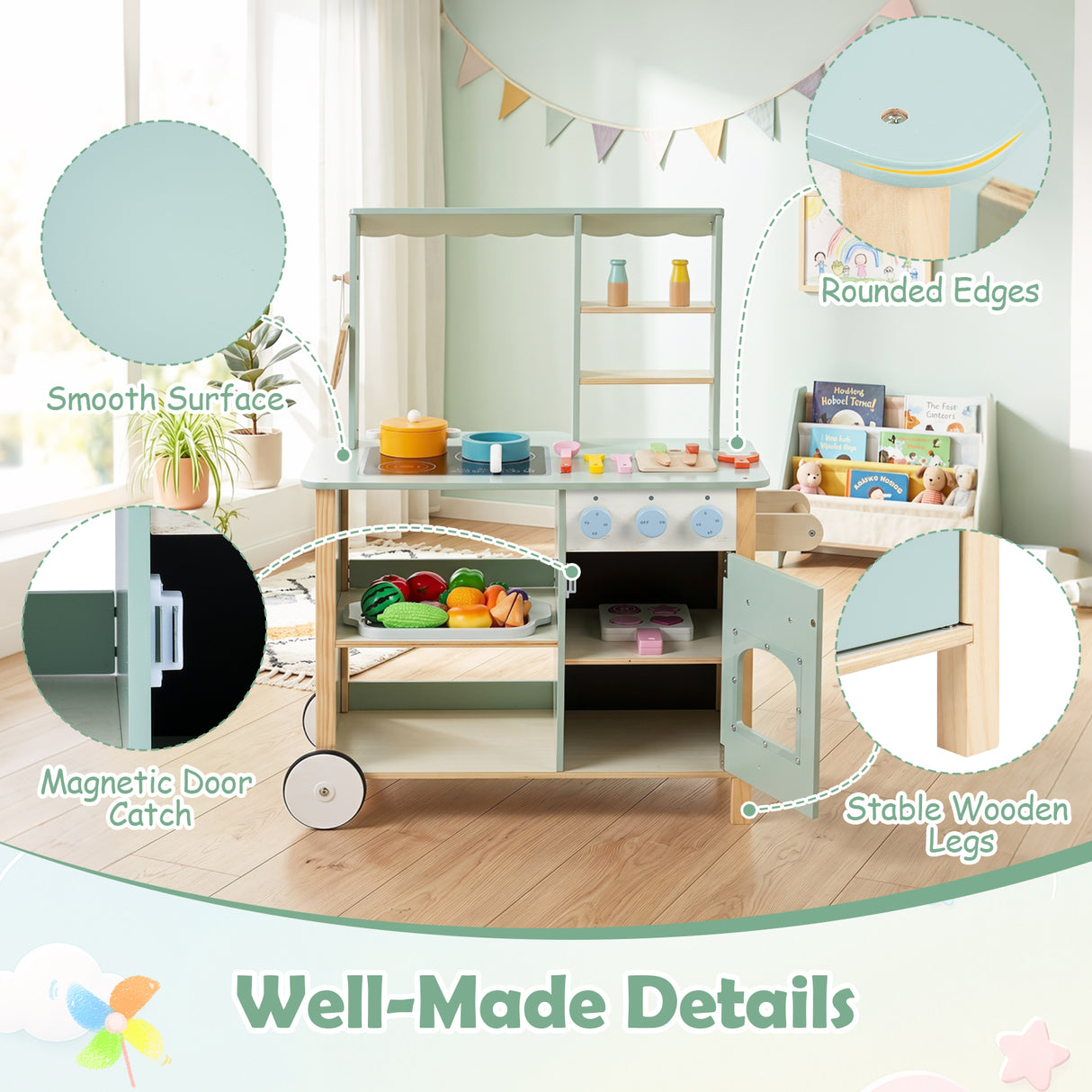 Play Kitchen for Kids, Wooden Kitchen Playset with Stoves, Oven, Rolling Chef Pretend Play Set