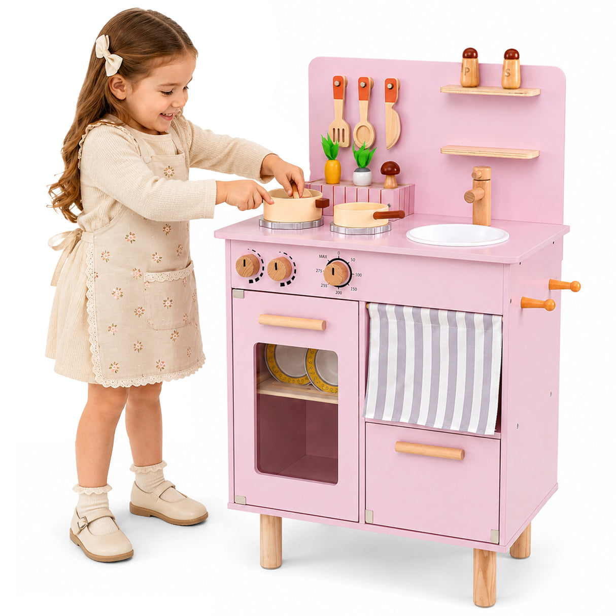 Toddler Kitchen Playset w/ Stoves, Faucet, Sink, Pretend Play Food, Cookware Accessories