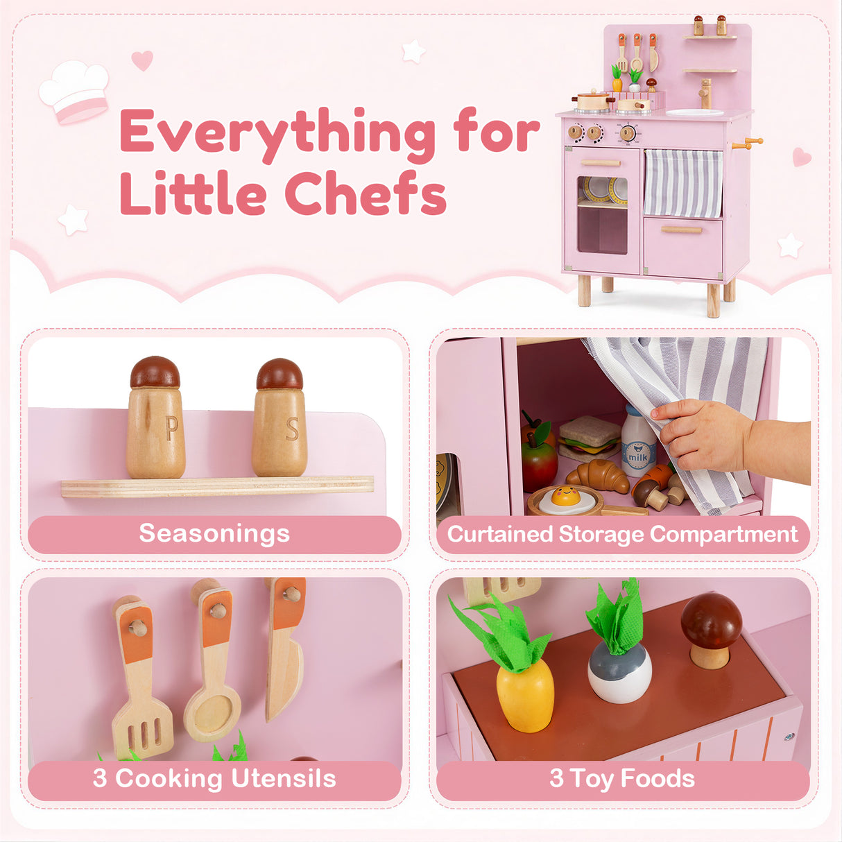 Toddler Kitchen Playset w/ Stoves, Faucet, Sink, Pretend Play Food, Cookware Accessories