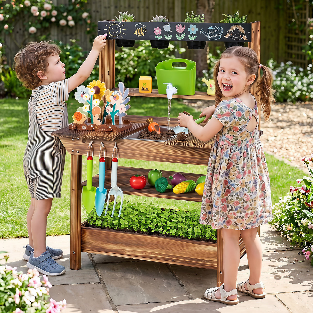 Outdoor Wood Mud Kitchen for Kids, Sensory Kitchen Playset for Children Age 3+