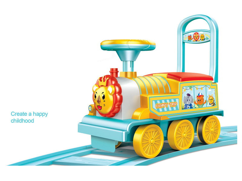 HONEY JOY Ride on Train Track, 6V Electric Ride on Train with Tracks, Storage Seat, Flashing Lights & Music