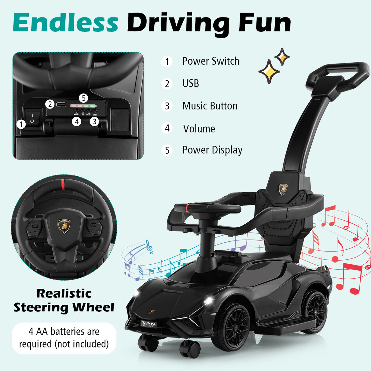 3-in-1 Ride On Push Car, Licensed Lamborghini Sliding Car