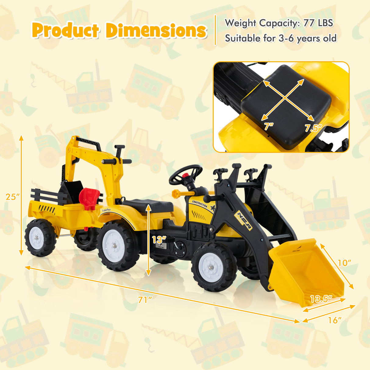 Children Outdoor Toys Pedal Tractor for 3-6 year old kids, Yellow/ Green