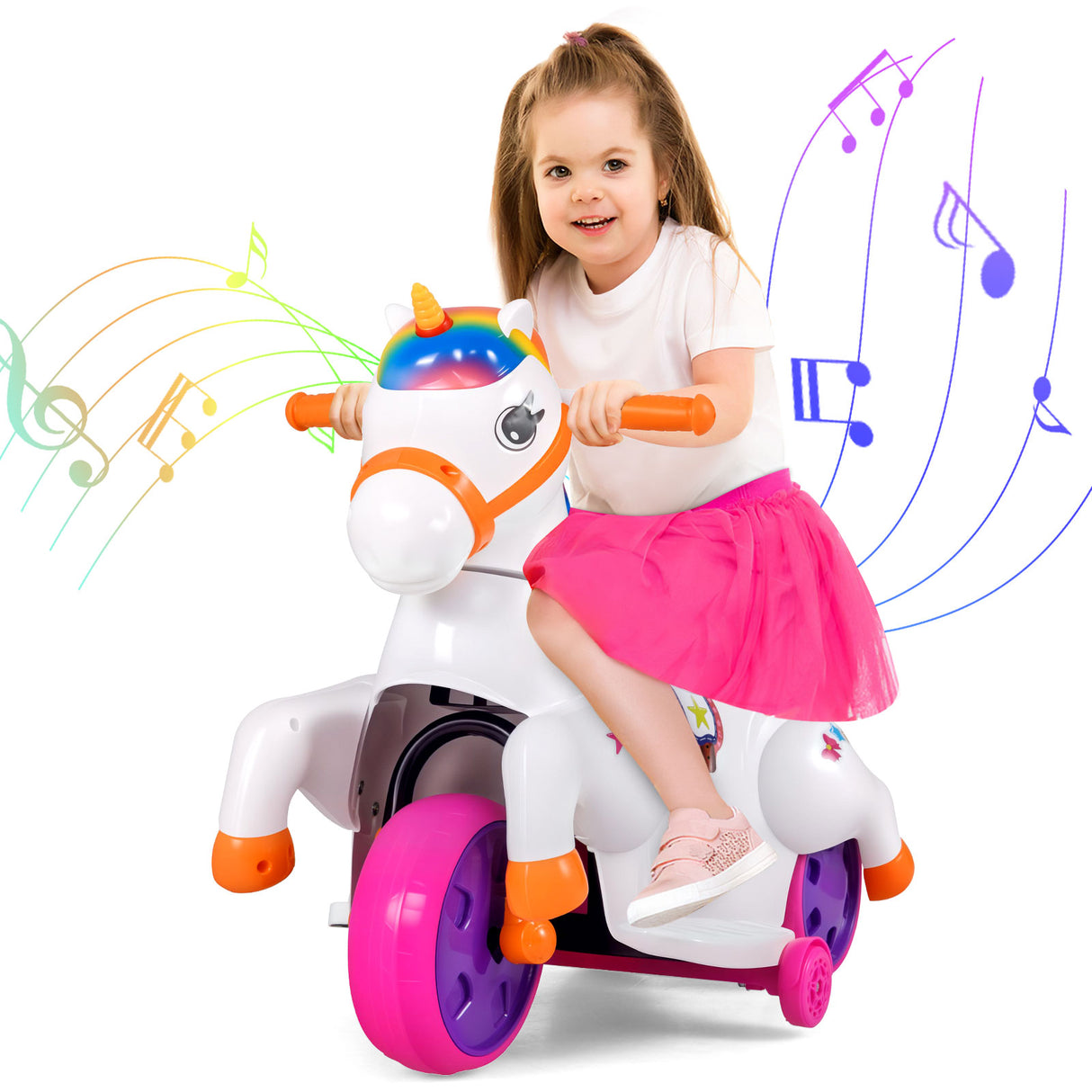 12V Unicorn Ride on Motorcycle Toy Kids Ride on Car Pony with Training Wheels