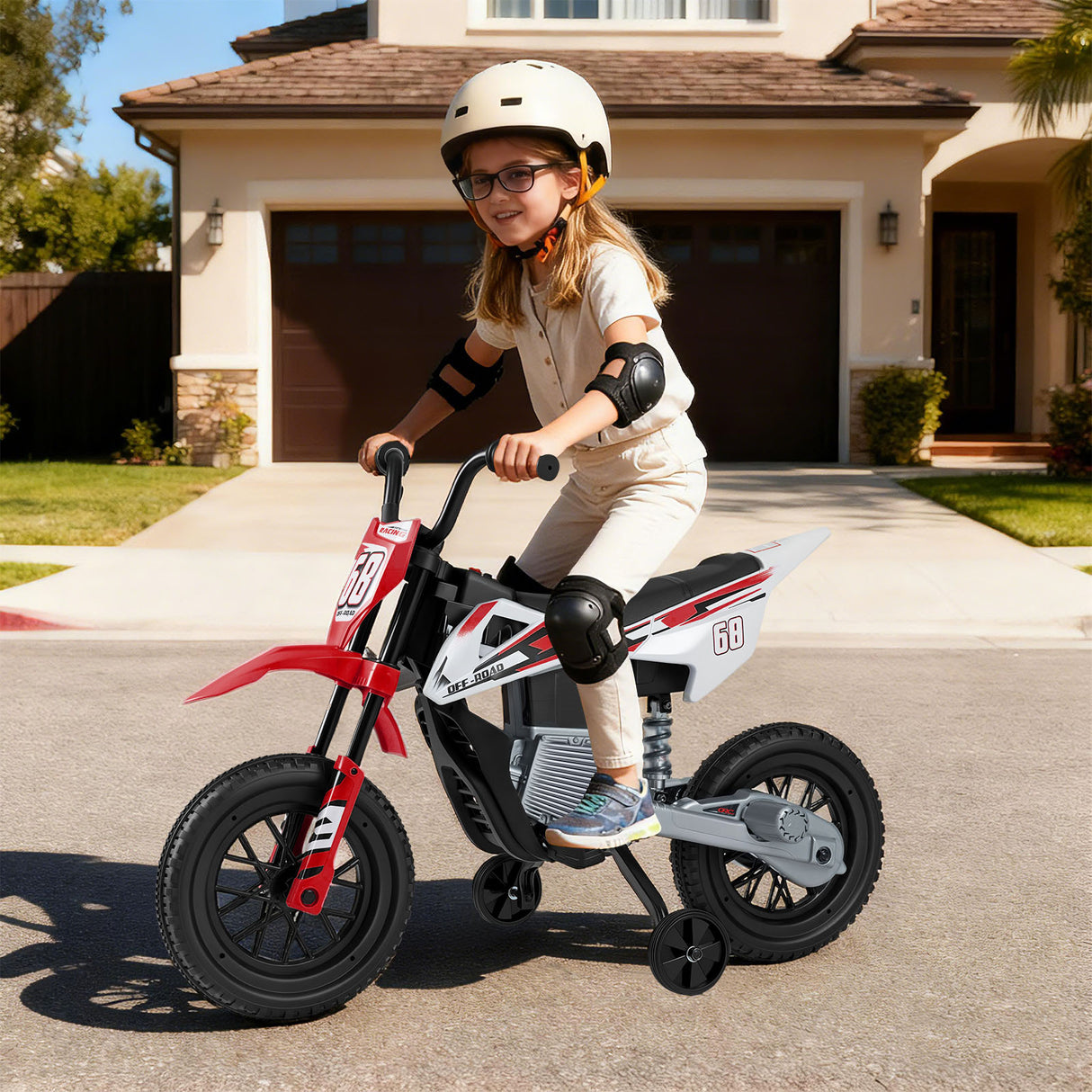 12V Kids Motorcycle with Training Wheels and Spring Suspension