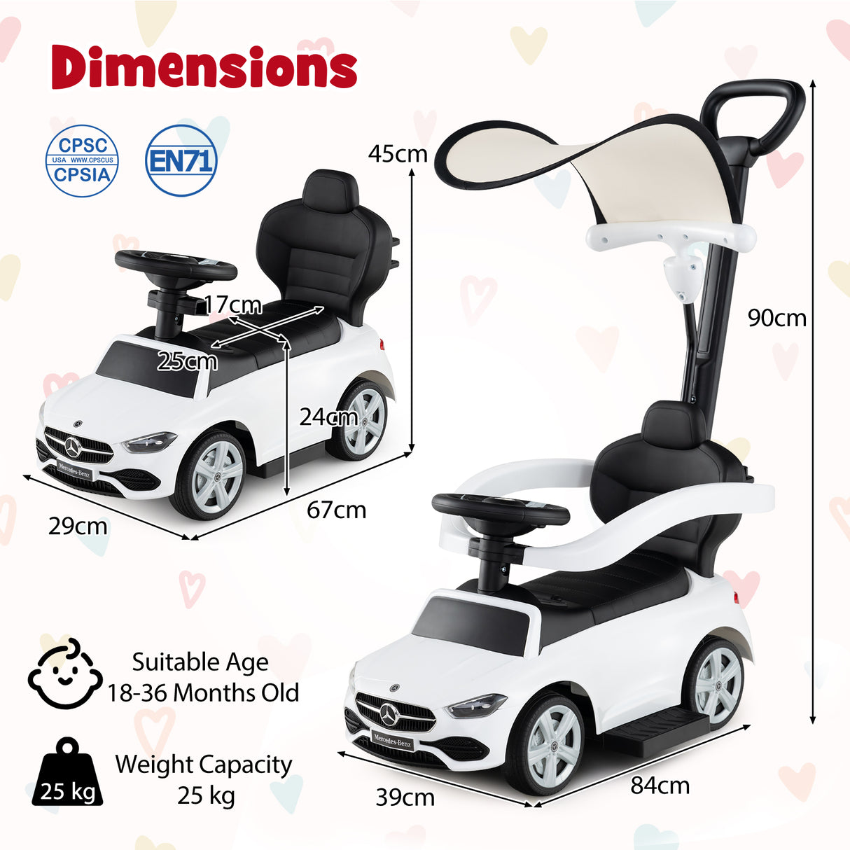 HONEY JOY 3-in-1 Ride on Push Car, Mercedes-Benz Licensed Foot to Floor Sliding Car w/Adjustable Canopy & Steering Push Bar