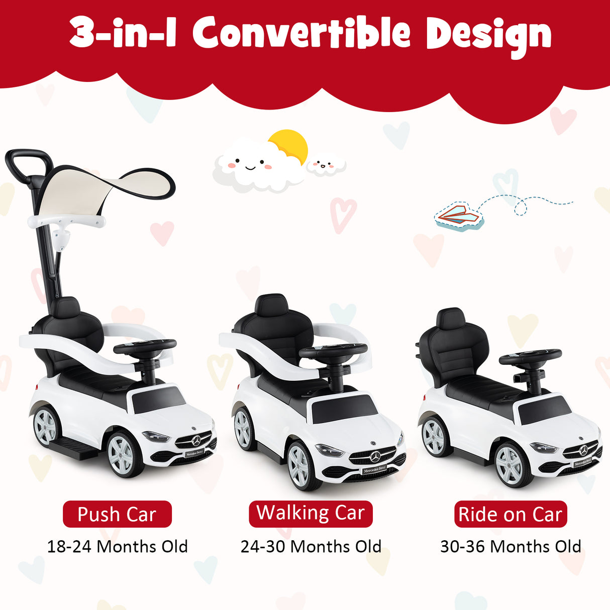 HONEY JOY 3-in-1 Ride on Push Car, Mercedes-Benz Licensed Foot to Floor Sliding Car w/Adjustable Canopy & Steering Push Bar