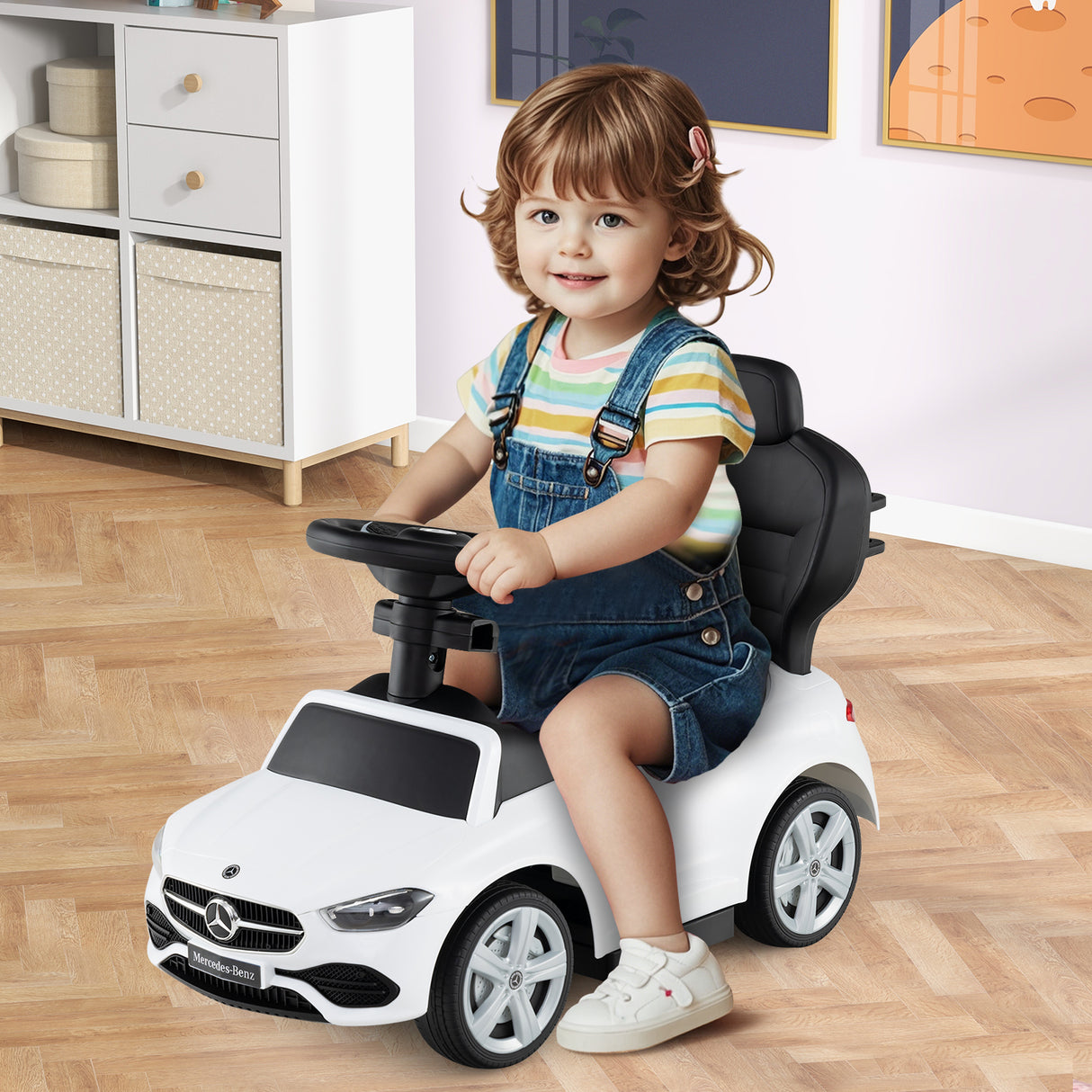 HONEY JOY 3-in-1 Ride on Push Car, Mercedes-Benz Licensed Foot to Floor Sliding Car w/Adjustable Canopy & Steering Push Bar