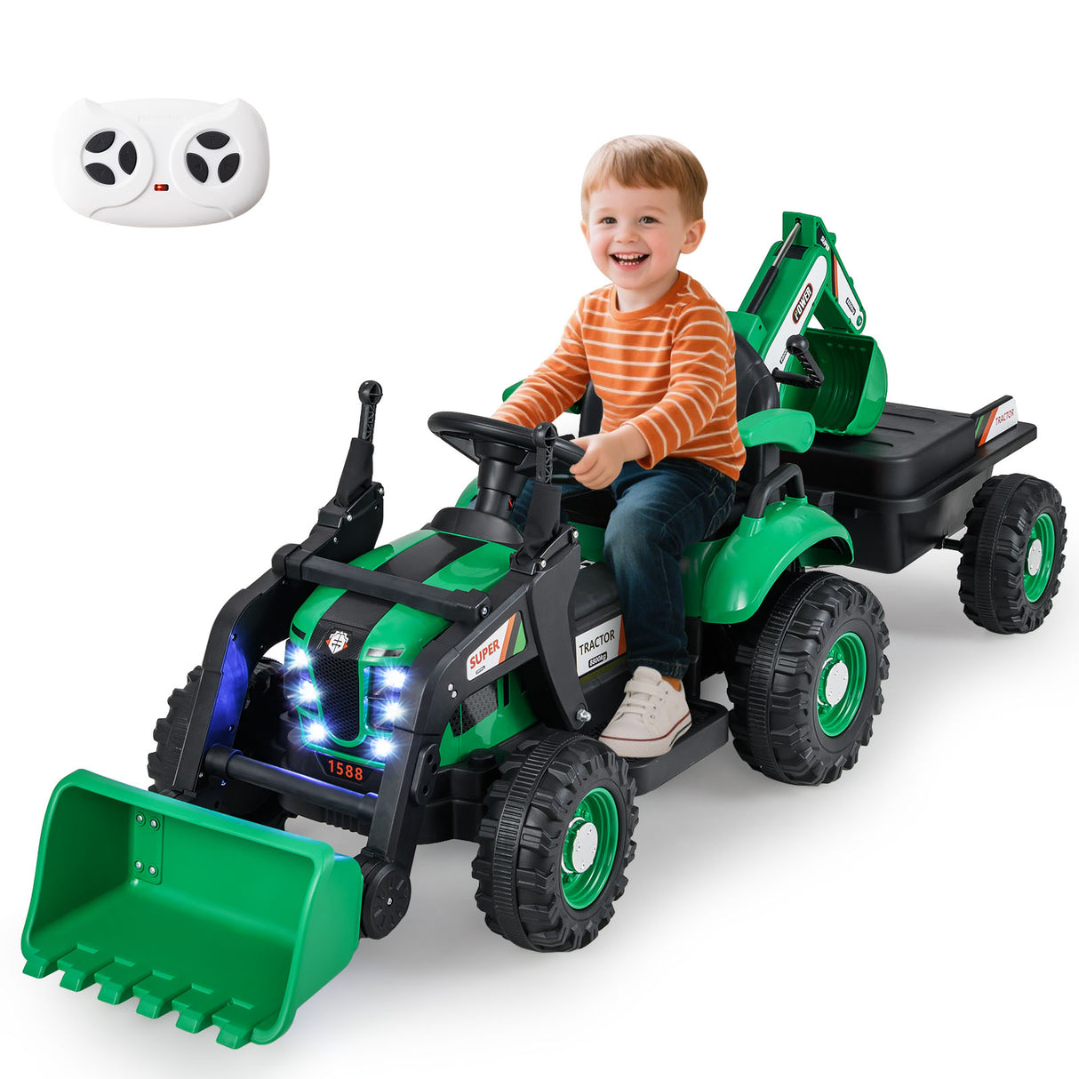 4 in 1 Ride on Tractor, Excavator & Bulldozer for Kids, 12V Electric Construction Vehicle