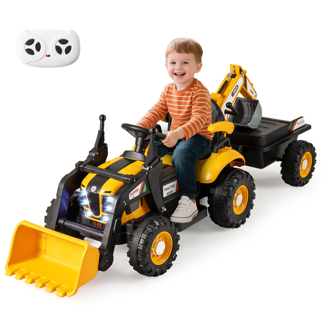 Child playing with a toy construction vehicle on a white background