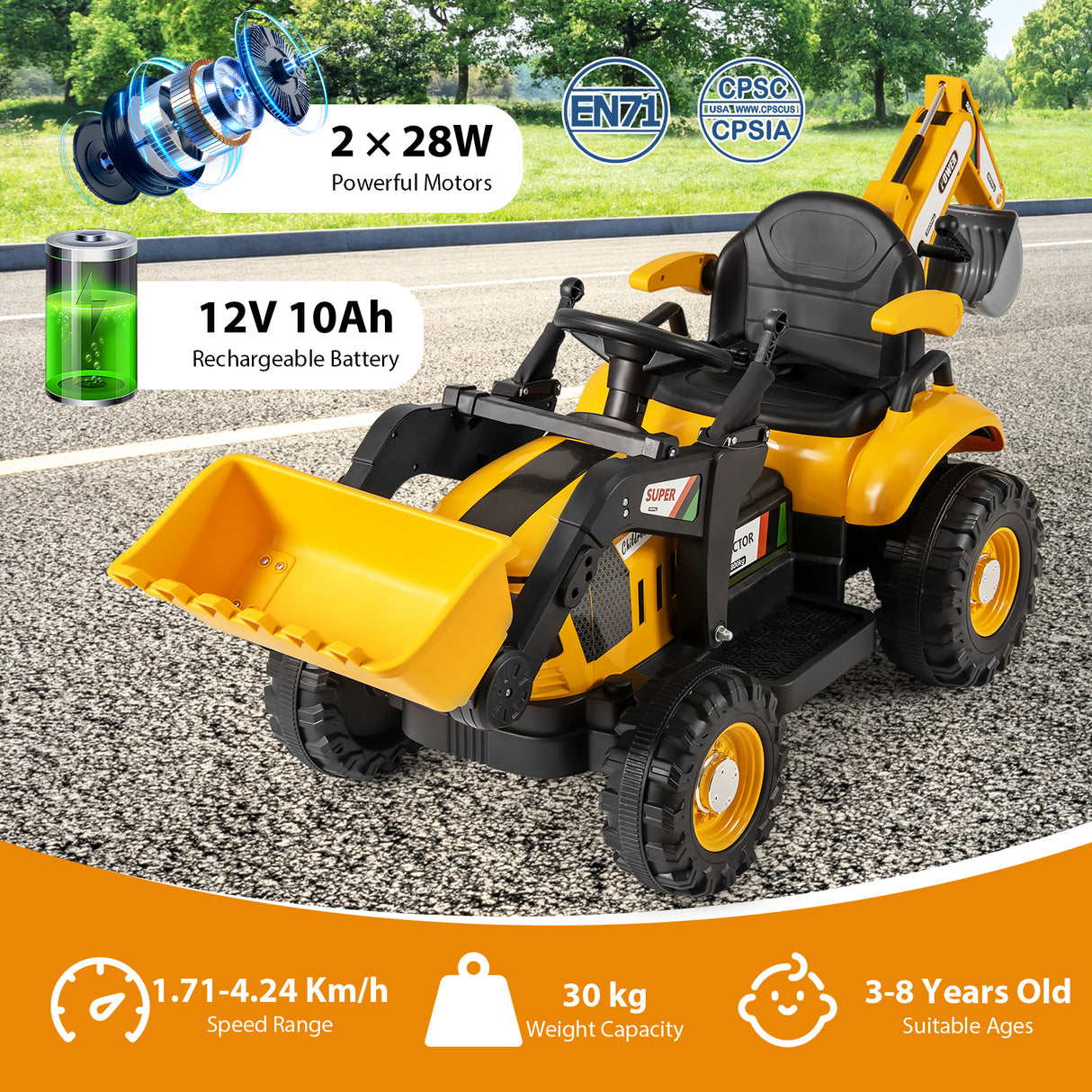 Yellow toy bulldozer with charging details and specifications on a road.