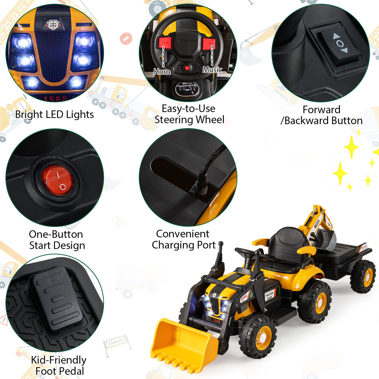 Toy construction vehicle with close-up details on features like LED lights, steering wheel, and charging port.