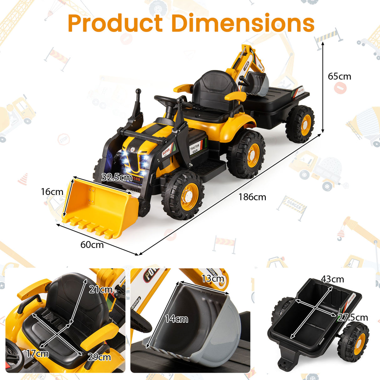 Dimensions of a toy construction vehicle with various measurements shown.