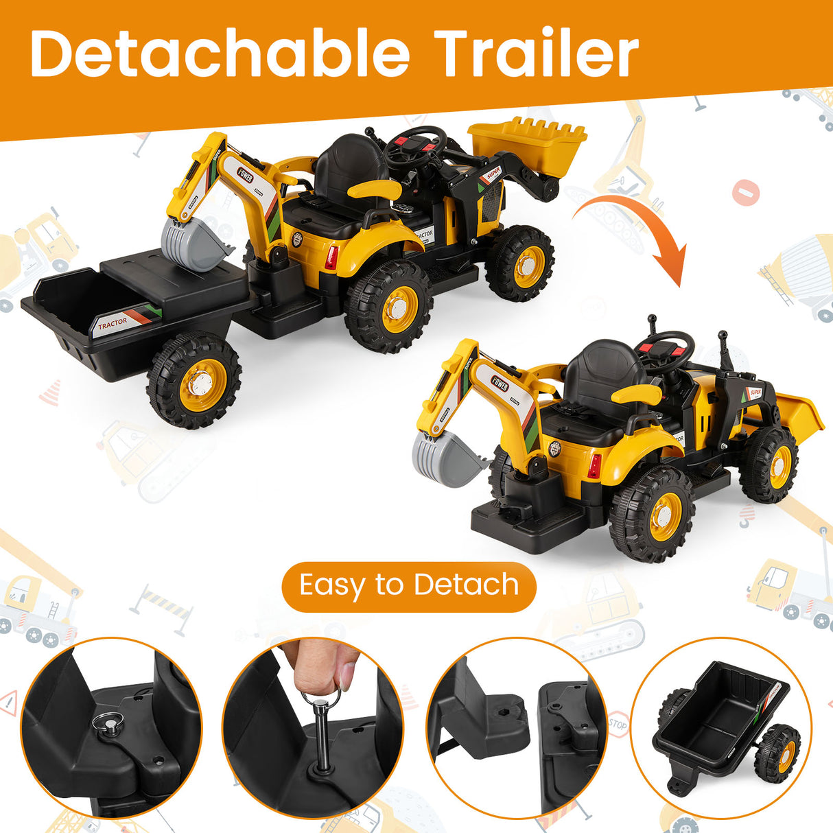 Toy construction vehicle set with detachable trailer on a white background