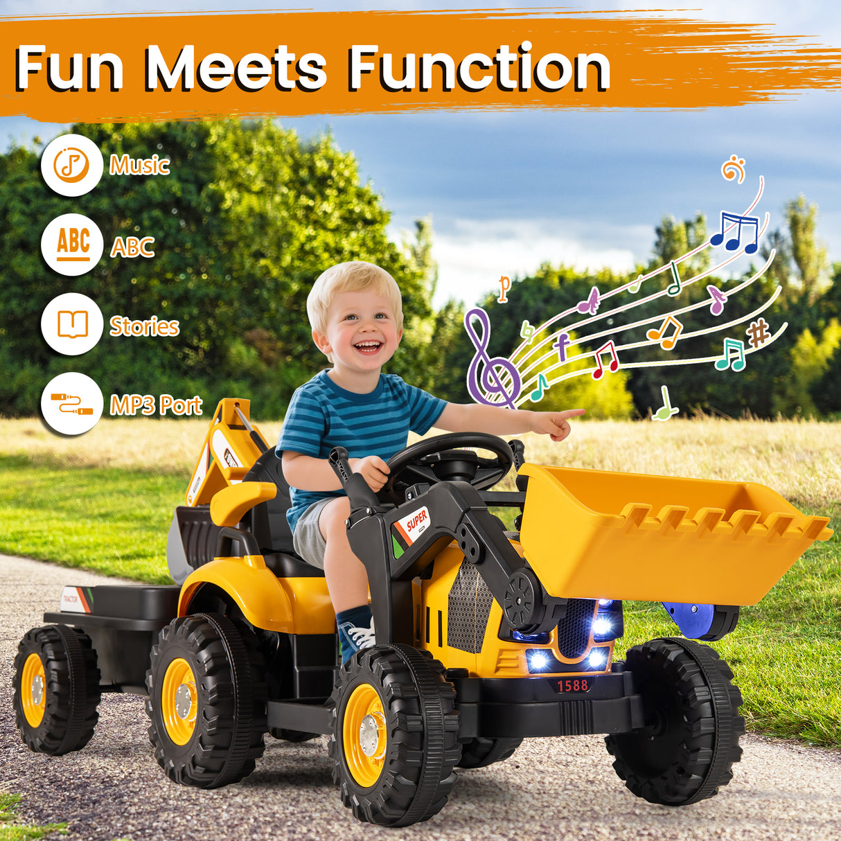 Child playing with a toy dump truck in an outdoor setting, with text indicating features like music, ABC learning, stories, and MP3 port.