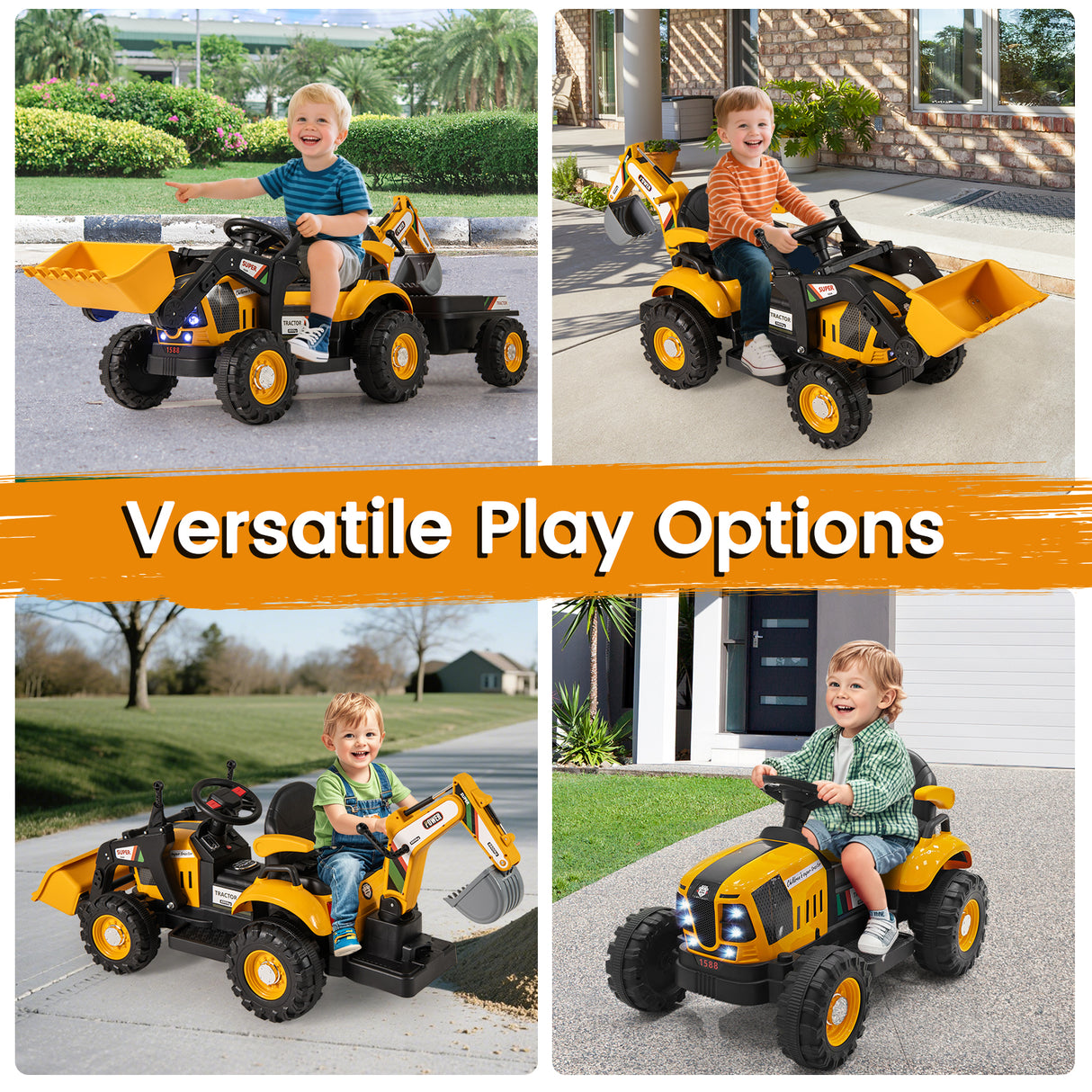Four children playing with toy construction vehicles in different settings.
