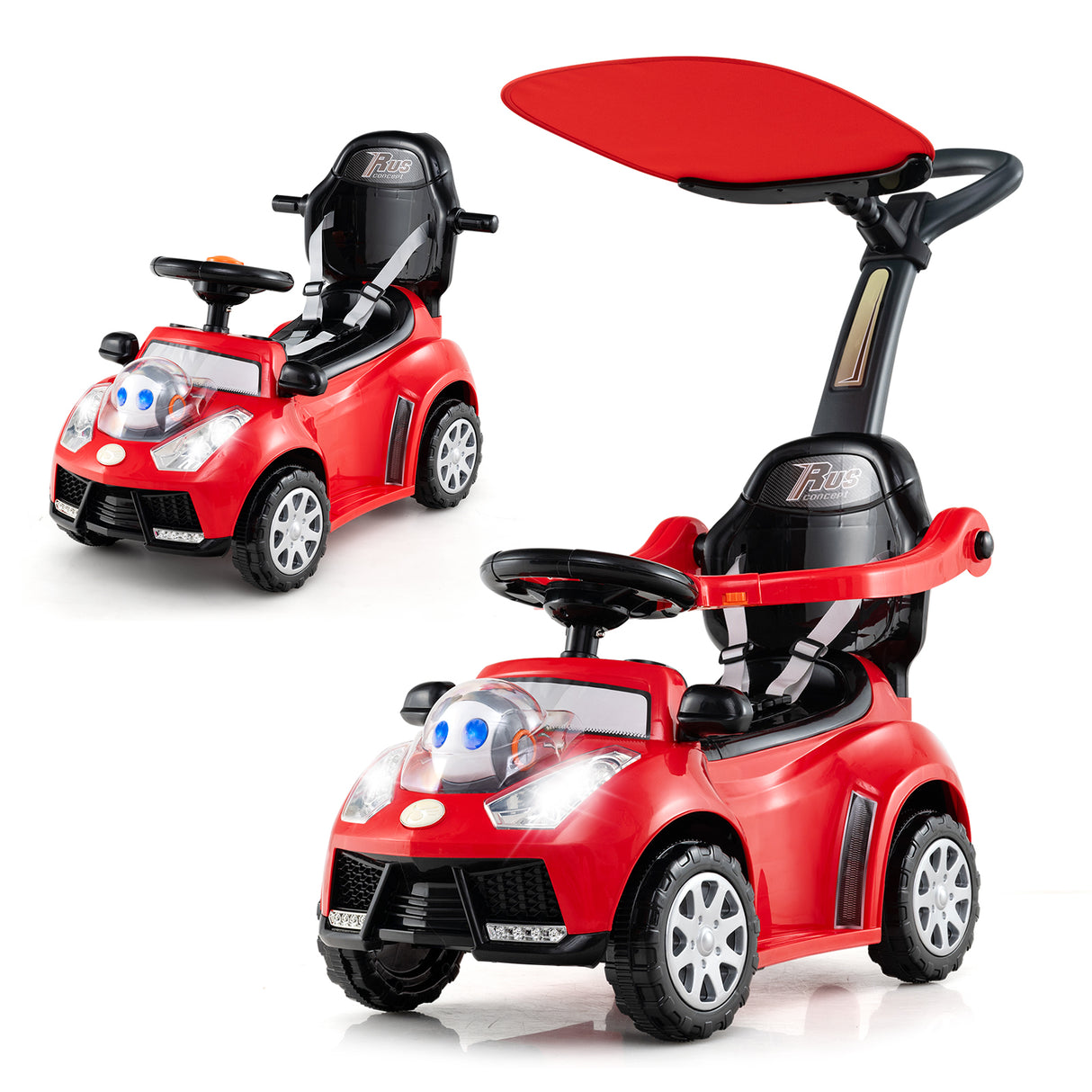 Red toy cars with black seats on a white background